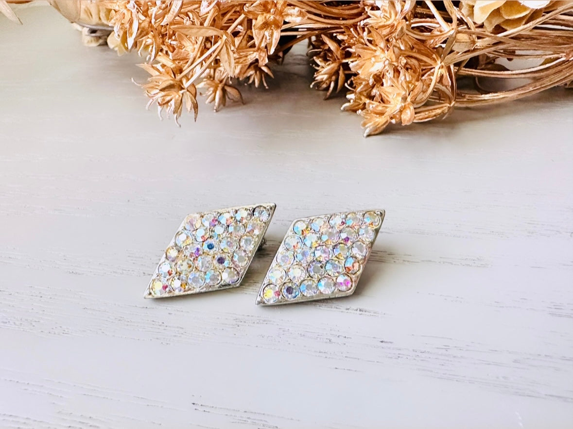 Vintage Pave Set Rhinestone Earrings, Gorgeous Sparkling Emmons Diamond Shape AB Rhinestone Clip On Earrings, Signed Cocktail Earrings
