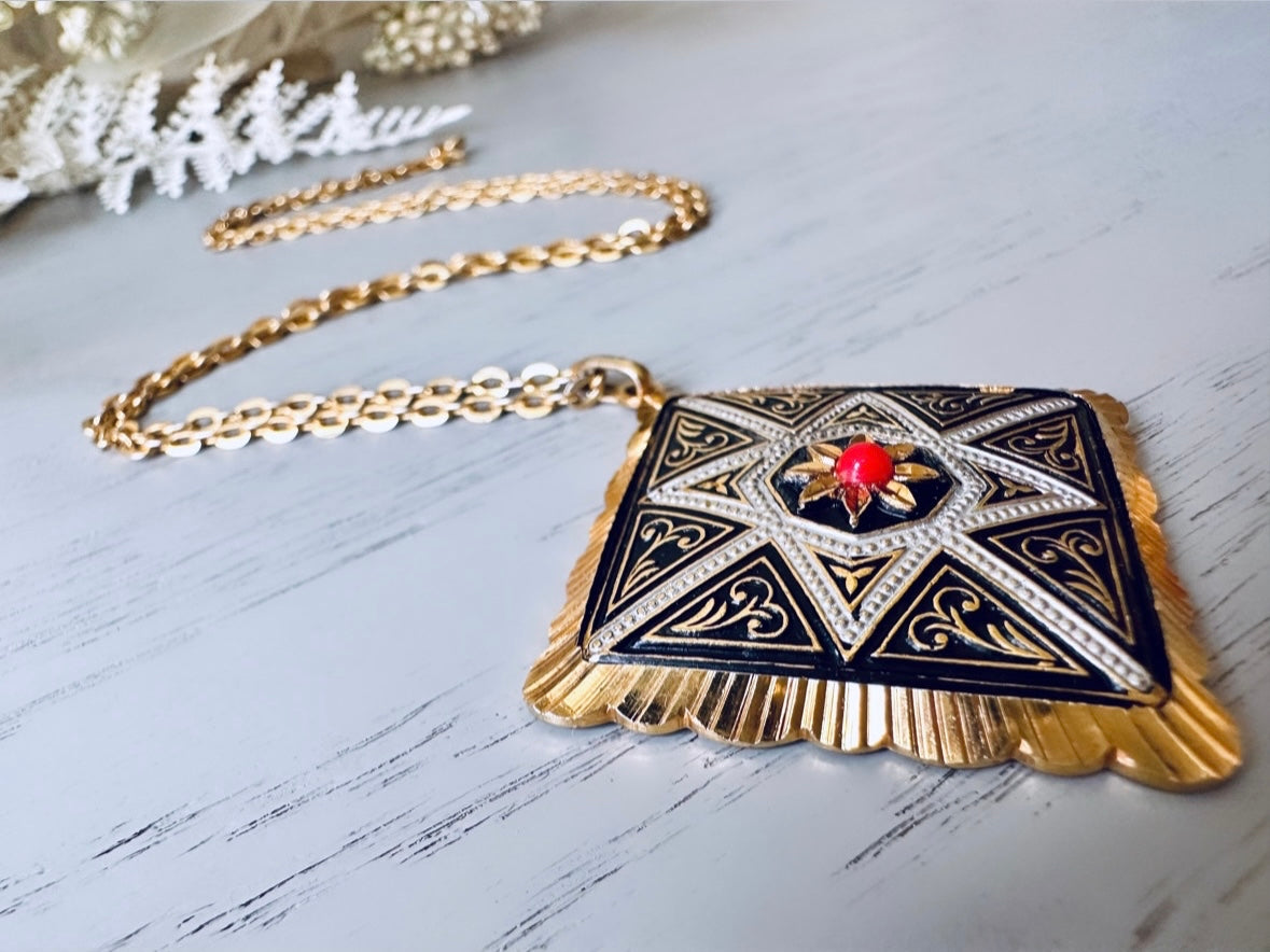 Vintage Spanish Damascene Necklace, Gold, Black and Silver with Orange Ballotini Bead, Vintage Gold Diamond Pendant Statement Necklace