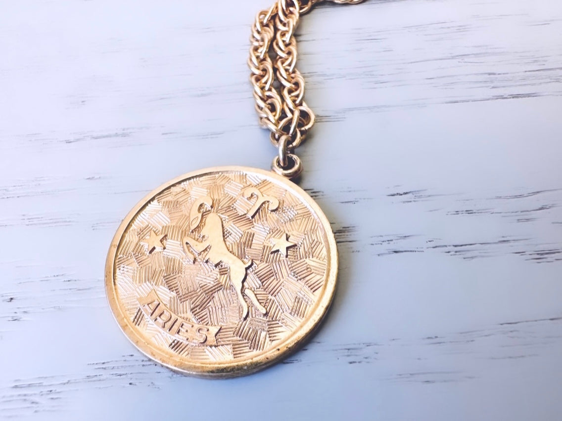 Vintage Aries Zodiac Necklace, Star Sign Astrology Necklace, Unique Birthday Necklace, 20" Long Gold Aries Astrology Pendant Coin Necklace