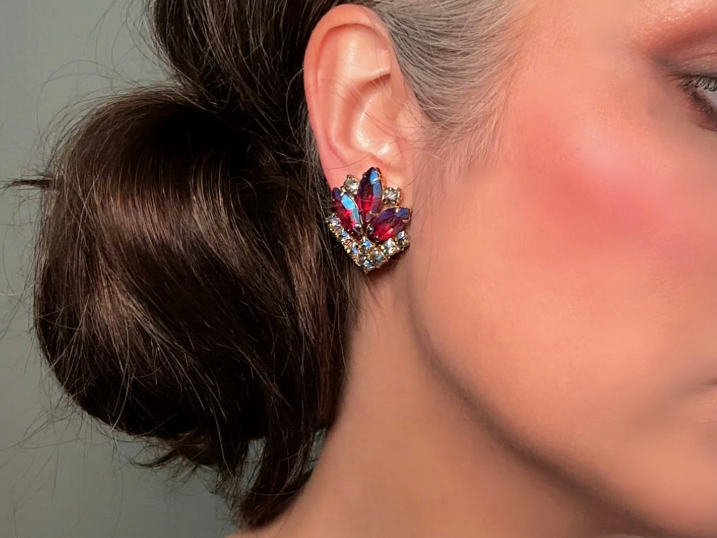 1960s Crystal Earrings, Deep Red Marquise Earrings Blue Aurora Borealis Finish, Exquisite Vintage Rhinestone Clip On Earrings Earrings