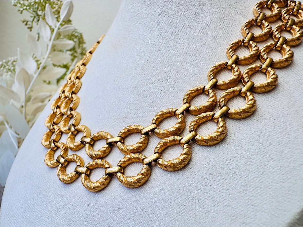 Gold Vintage Double Chain Necklace, Textured Matte Gold Layered Loops, Bold 80s Mogul Style, Leaf and Shamrock Details Authentic Vintage