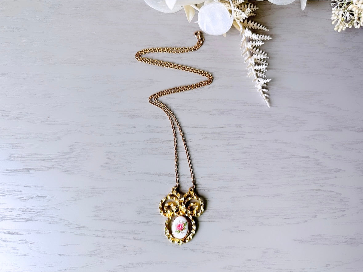Bridgerton Rose Cameo Necklace, Vintage Gold Tone Floral Pendant Necklace, Cottagecore Porcelain Rose Flower Necklace, Long 24" Gold Chain Romantic Regency Era Necklace from Piggle and Pop