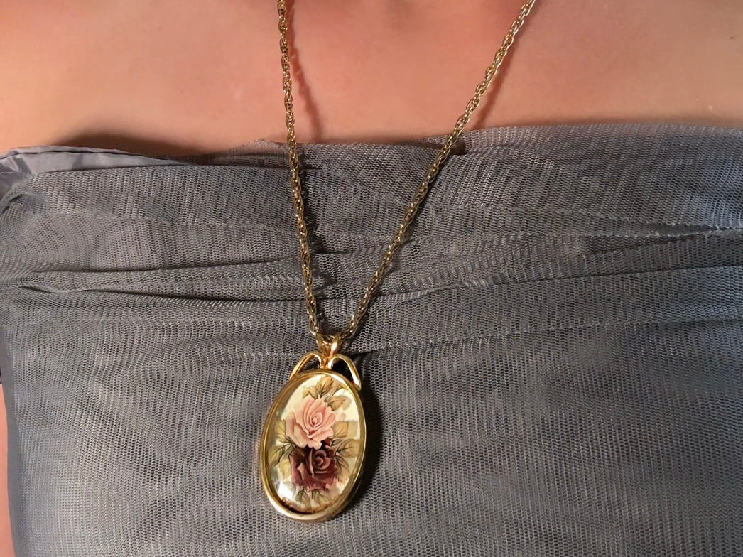Victorian Pendant Necklace, Vintage Floral Cameo Necklace, Whimsical Cottagecore Long Gold Tone Chain with Romantic Glass Flower Pendant