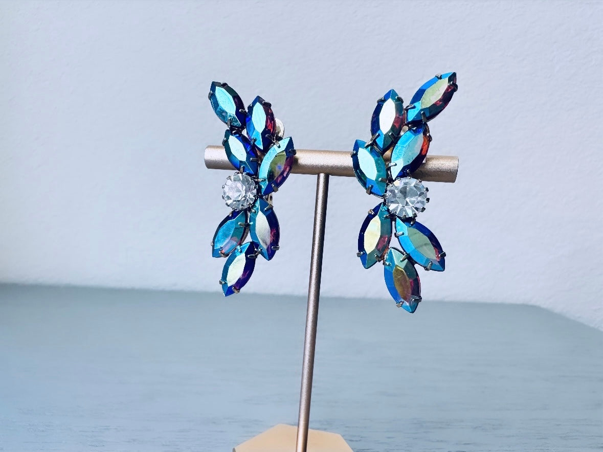 Vintage Rhinestone Earrings, Dramatic Iridescent Blue Purple Statement Clip-on Earrings, Vintage Crawler Earrings, 1960's Cocktail Earrings