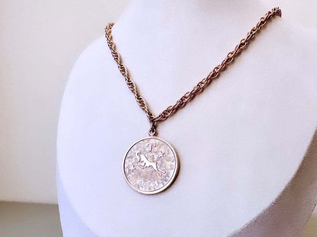Vintage Aries Zodiac Necklace, Star Sign Astrology Necklace, Unique Birthday Necklace, 20" Long Gold Aries Astrology Pendant Coin Necklace