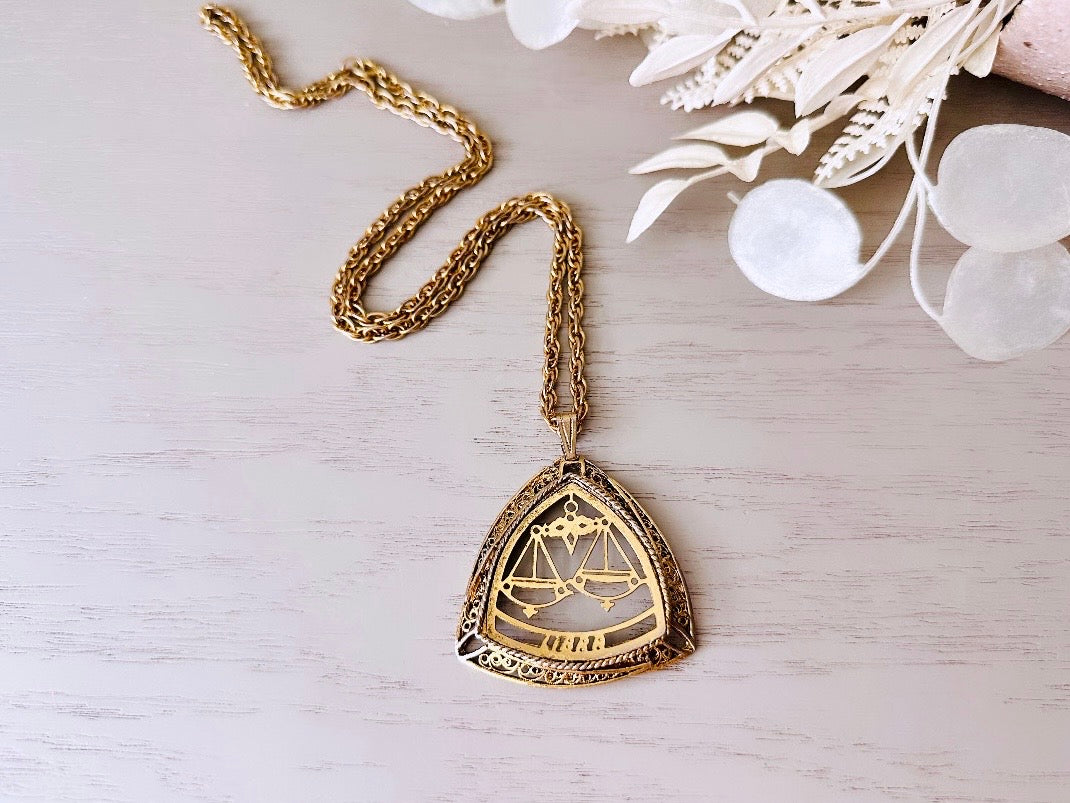 Vintage Libra Zodiac Necklace, Gold Astrology Necklace, Unique 1970s Filigree Pendant Necklace, Amazing Authentic Vintage Birthday Gift