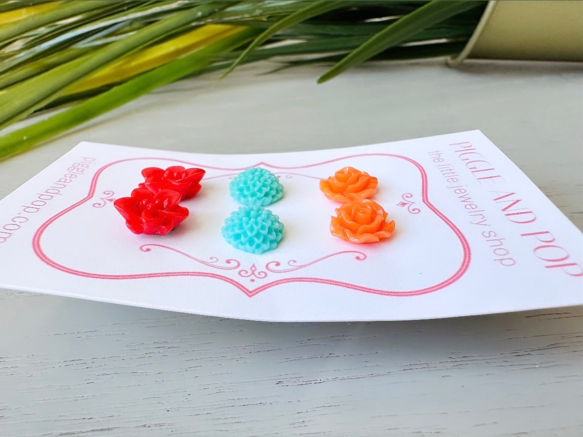 Flower Earring Stud Set, Flower Stud Earrings, Orange Rose Earrings, Aqua Dahlia Studs, Red Lotus Earrings, Hypoallergenic Surgical Steel FSE3
