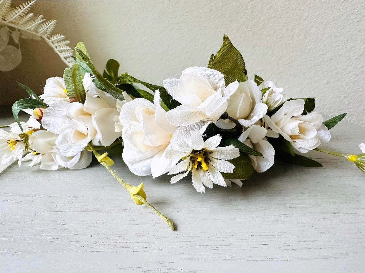 Ivory Flower Crown, Handmade Woodland Nymph Bridal Floral Hair Wreath, Cream Forest Queen Headpiece
