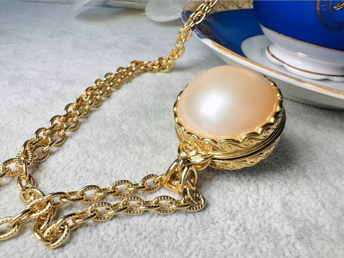 Pearl Locket Necklace, LCI Gold Locket Pearl Sphere Pendant Necklace, Long Gold Chain Vintage Liz Claiborne Pearl Locket Pendant