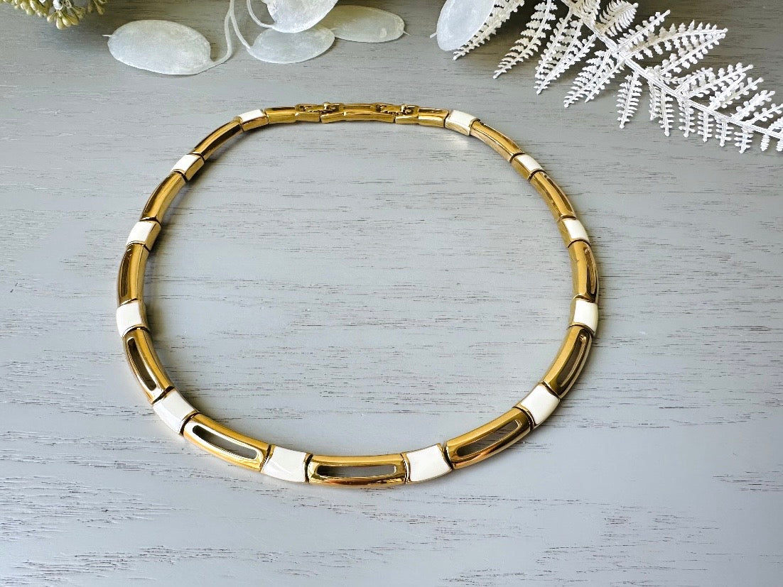 Vintage Monet Necklace in Cream and Gold, 1970s Vintage Designer Jewelry, Geometric Gold Bar Panel Link Choker Necklace, Adjustable Length