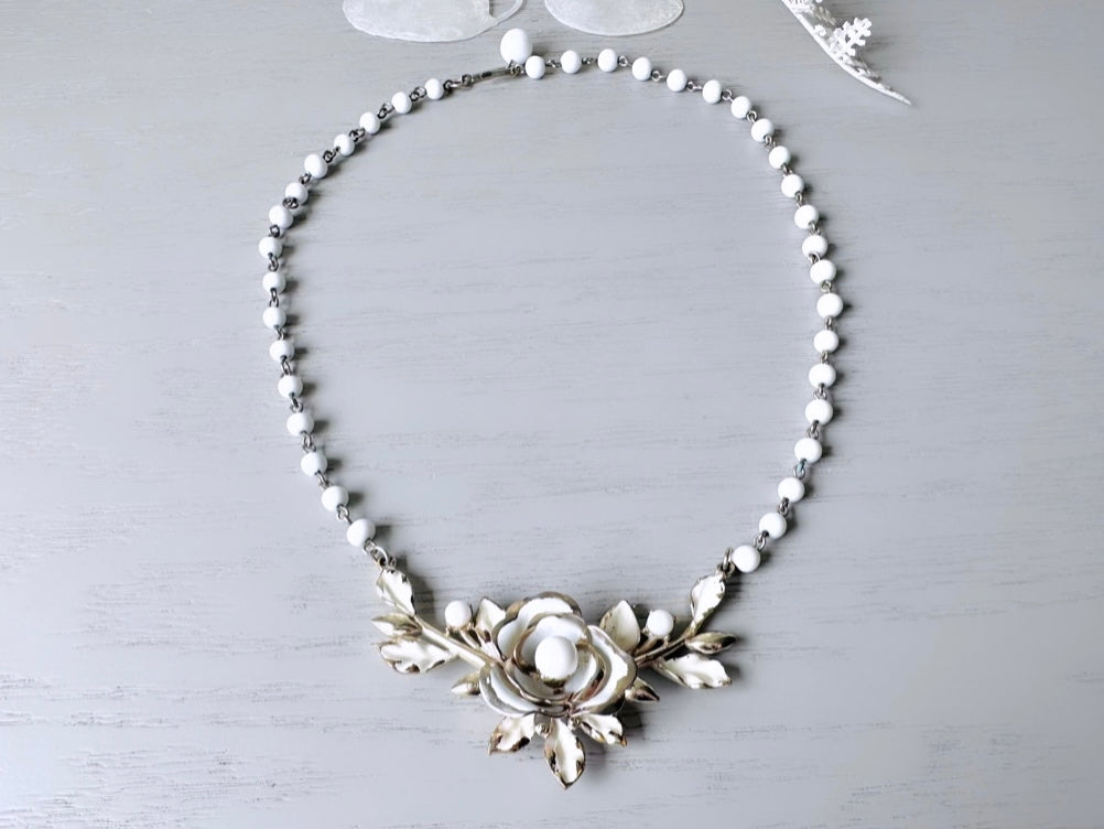 1950s White Flower Vintage Coro Necklace, Cream Enamel White Beads Gold Tone Floral Necklace 15" Flower Choker, Whimsical Bridal Necklace