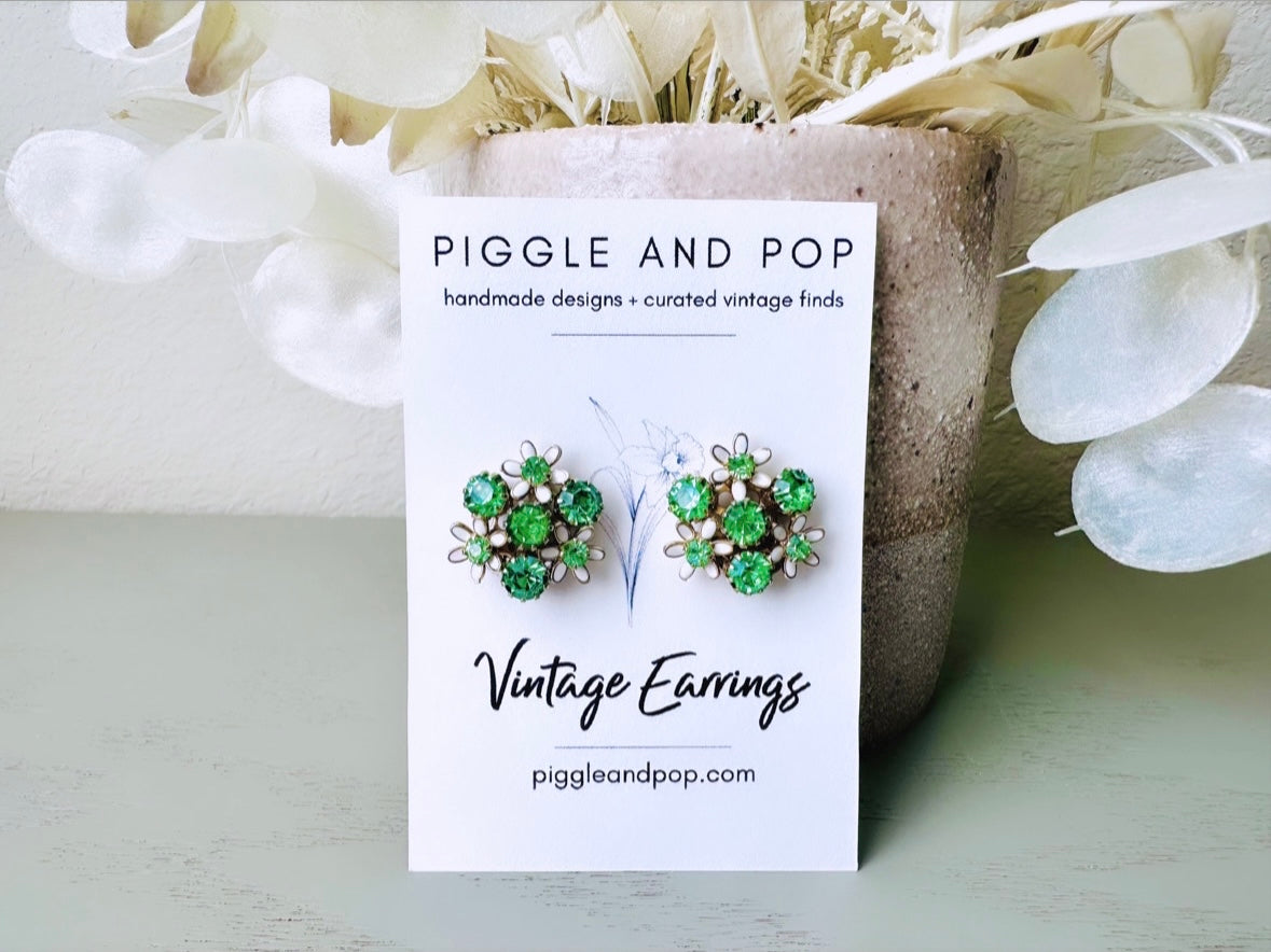 Spring Green Flower Earrings, Vintage WEISS Rhinestone Earrings, Vintage 1960's Peridot Crystal White Enamel Flower Clip On Earrings