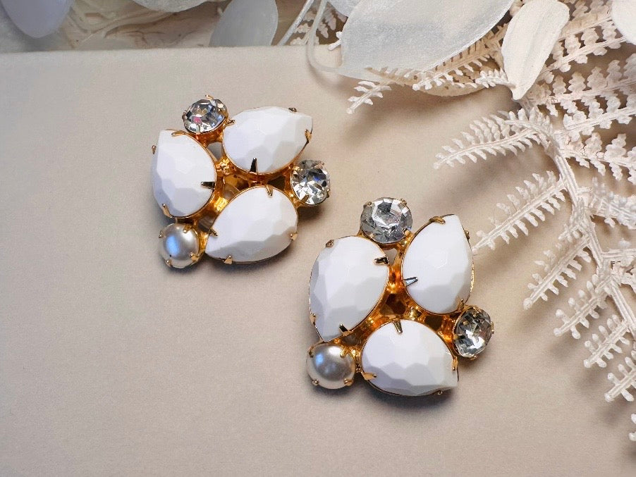 Vintage White Earrings, Pearl and Rhinestone Gold Clip On Cluster Earrings, 1960s Designer Vintage Kenneth Jay Lane Statement Earrings