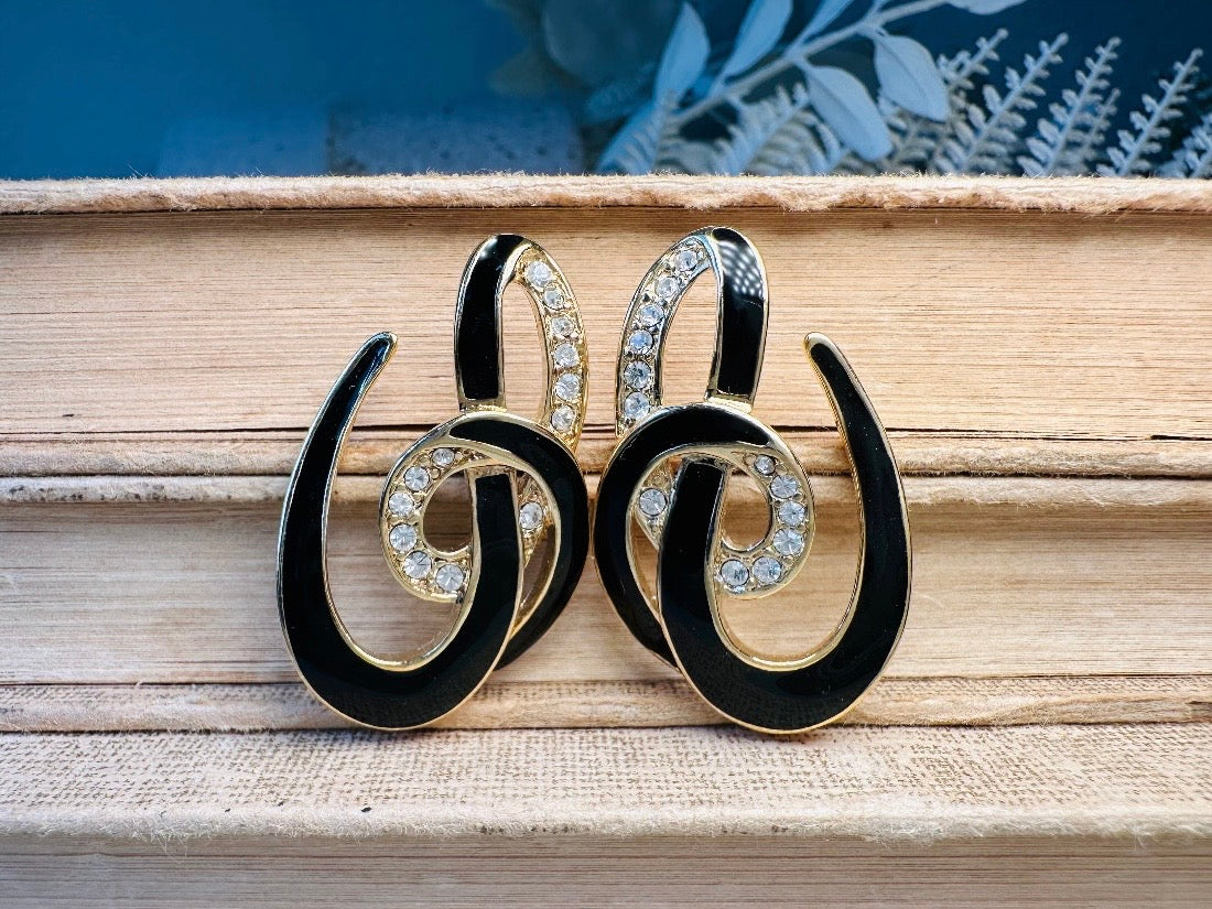 Vintage Trifari Earrings, Gorgeous Abstract Black Enamel and Rhinestone Earrings, Geometric Pierced Earrings, Deadstock Designer Vintage