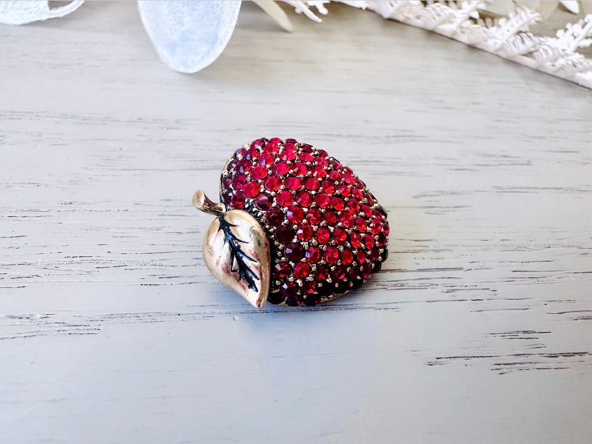 Monet Apple Brooch, Vintage Rhinestone Apple Pin, Designer Vintage Fruit Broach, Gold with Rhinestones