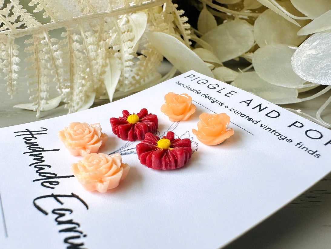 Flower Earrings Gift Set, Juicy Melon Rose, Deep Red Gerber Daisy, Summer Peach Rose, Cute Floral Hypoallergenic Post Earrings for Girls