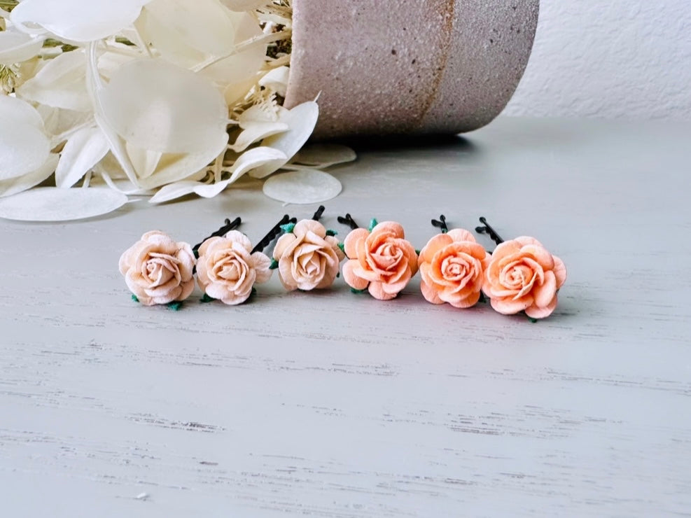 Peach and Mango Rose Hair Pins, Paper Flower Bobby Pins, Summer Wedding Rustic Hair Pins, 6 Floral Hair Flowers MPR6