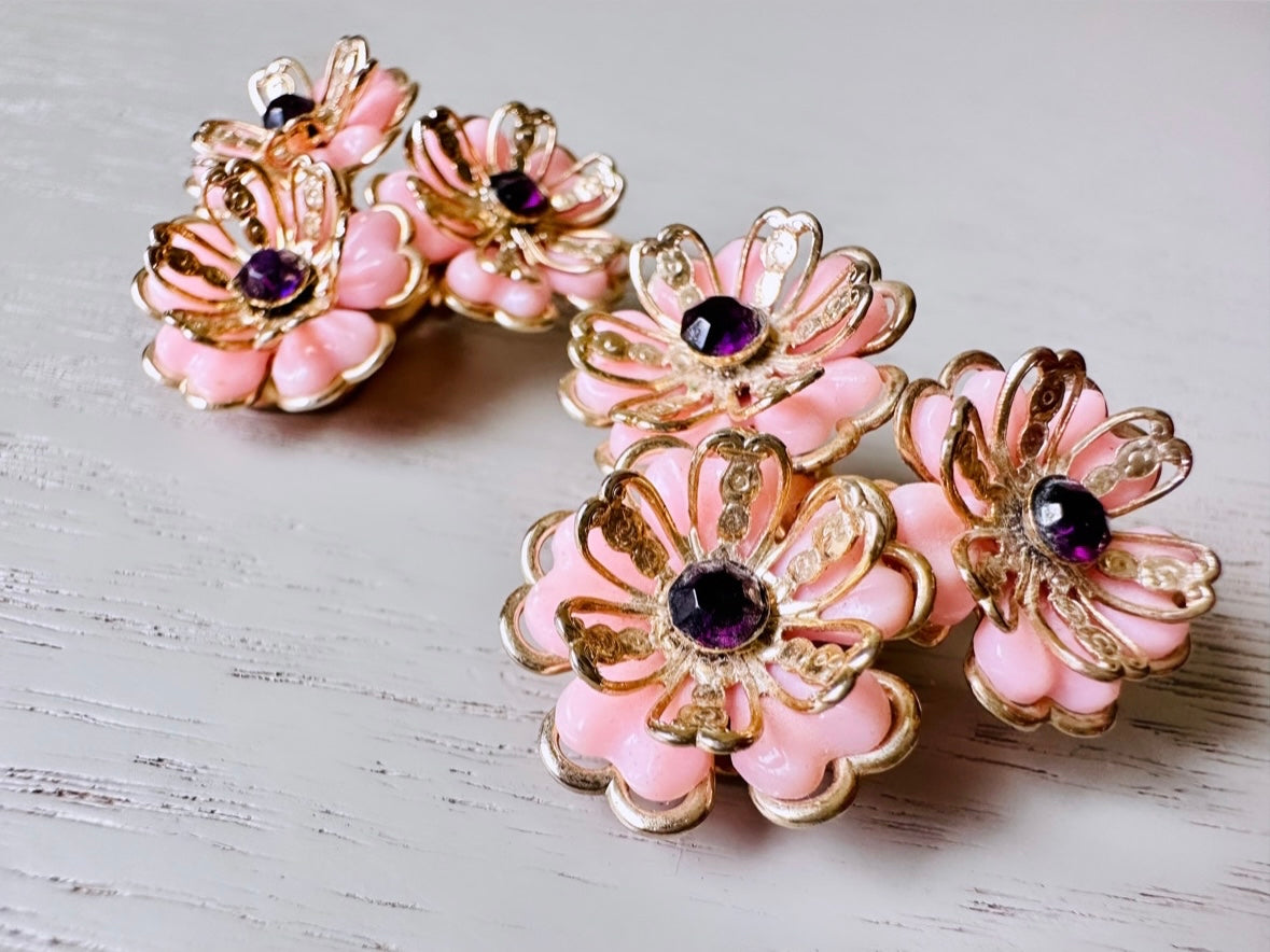 Baby Pink 1950's Vintage Earrings, Light Pink Molded Flower Earrings with Purple Rhinestone Earrings, Gold Tone Vintage Clip On Earrings