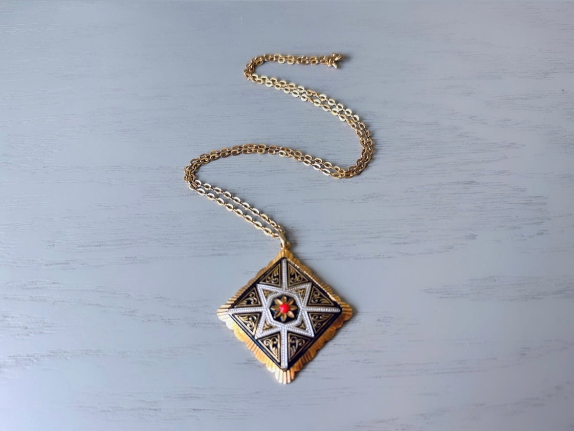 Vintage Spanish Damascene Necklace, Gold, Black and Silver with Orange Ballotini Bead, Vintage Gold Diamond Pendant Statement Necklace