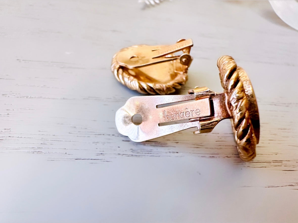Gold Vintage Clip On Earrings with Rope Border, Unique Classic Gold Button Earrings 3/4" Clip-Ons for Non-Pierced, Bergere Earrings