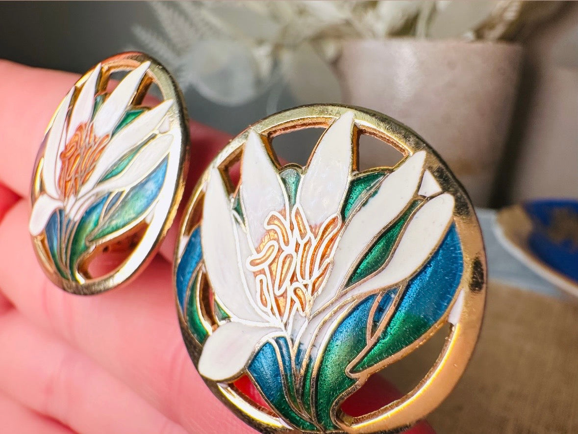 White Lily Clip On Earrings, Unique Enamel Cut Out Earrings, Gorgeous Vintage Lily Earrings in Gold, Green and Blue Cloisonné Earrings