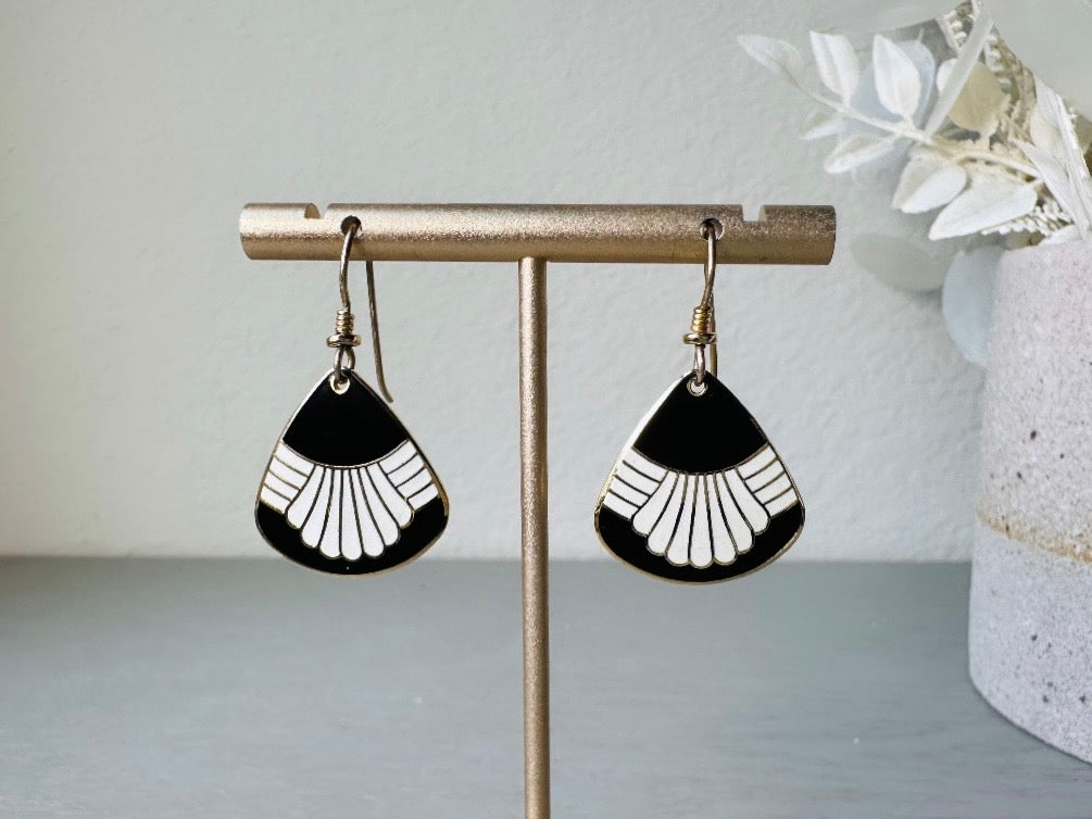 Laurel Burch Waterfall Earrings, Black and White Enamel Gold Plated 1980s Vintage Earrings, Cloisonne Dangle Earrings, French Ear Wires