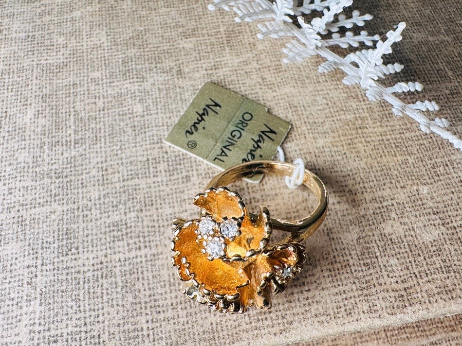 Vintage Statement Ring, Napier Ruffled Gold Flower Ring with Swarovski Crystal Accents, Chunky Multi Stone Cocktail Ring 18K Size 6 EUC