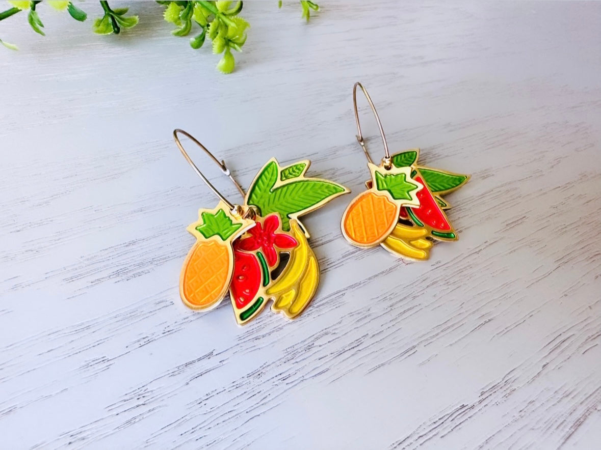 Berebi Fruit Earrings, Vintage Pineapple Watermelon Banana Earrings, Fun Fruit Salad Earrings, Pierced Enamel Hoop Earrings, Colorful Retro Kitsch Earrings