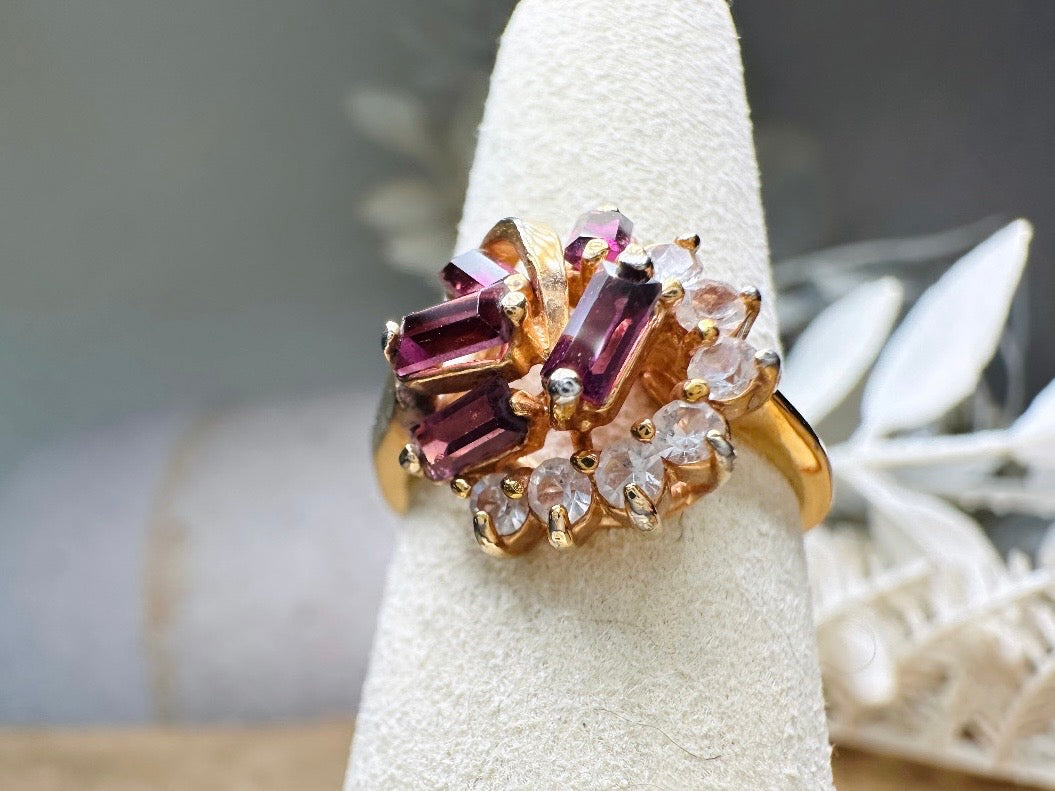 Vintage Cocktail Ring, Prong Set Plum Purple Baguette Stones in Wave with Clear Diamond Rhinestones, Gorgeous Gold Plated Cocktail Ring Sz 6