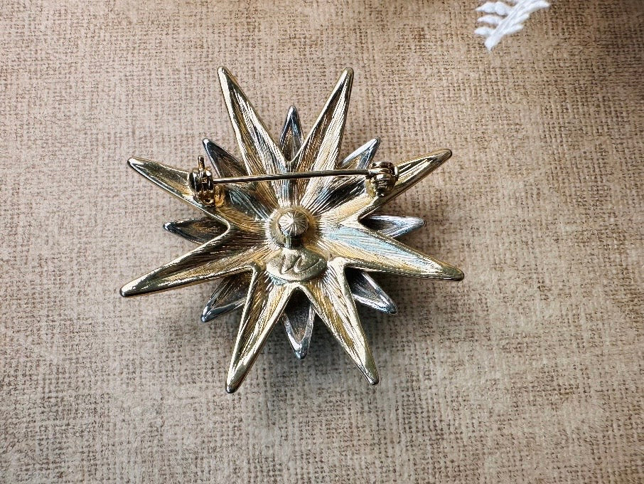 Vintage Liz Claiborne Star and Moon Pin, LCI Celestial Brooch in Gold and Silver with Midnight Blue Enamel