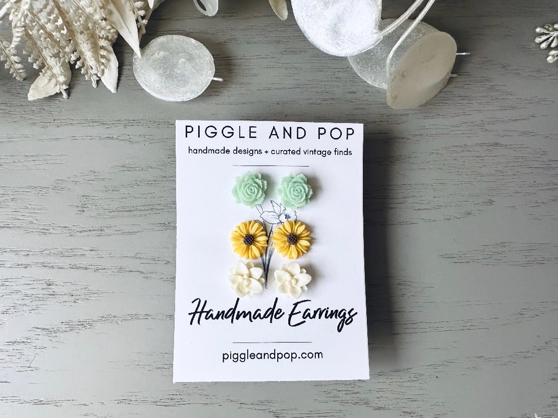 Spring Flower Earrings Gift Set, Yellow Gerber Daisy, Cream Lotus, Mint Rose, Cute Country Floral Hypoallergenic Surgical Steel Stud Earring
