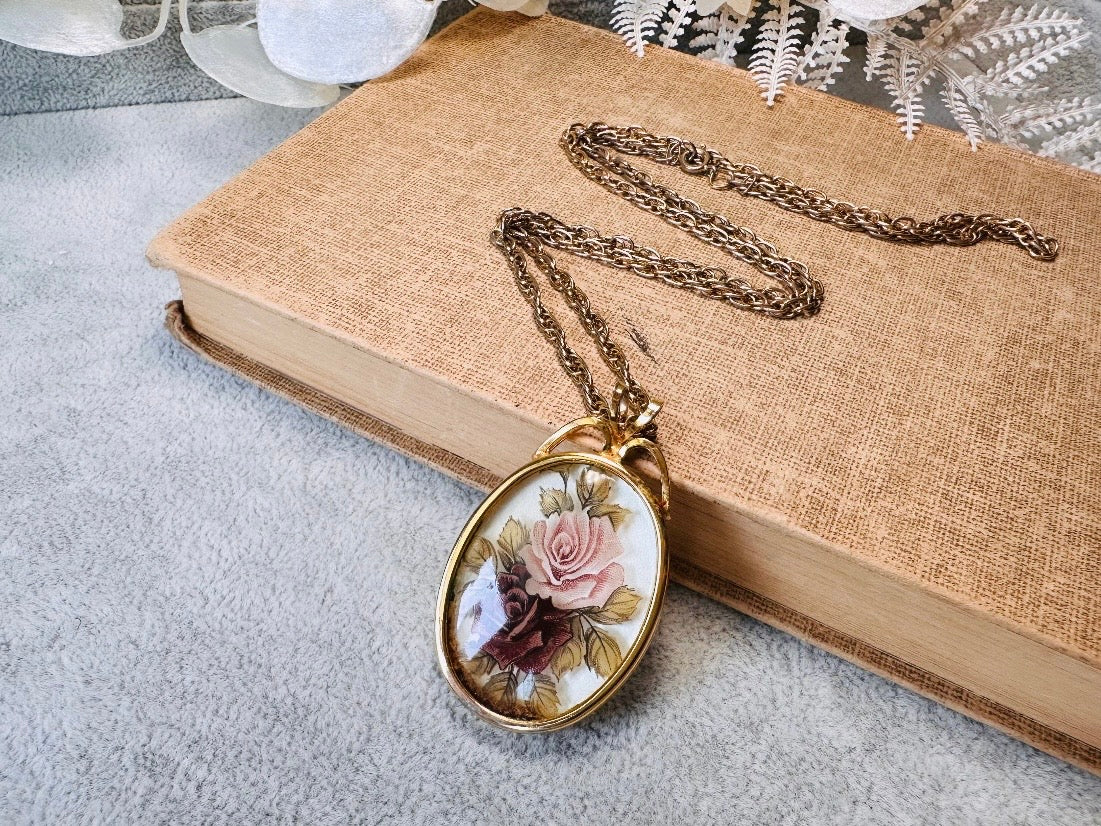 Victorian Pendant Necklace, Vintage Floral Cameo Necklace, Whimsical Cottagecore Long Gold Tone Chain with Romantic Glass Flower Pendant