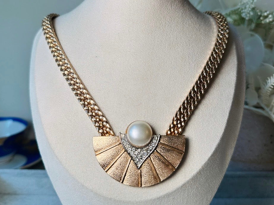 Art Deco Necklace, Vintage Park Lane Pendant Necklace w Gold Fan, 80s Pave Rhinestone Detail and Cream Pearl Cabochon, Chunky Chain Choker