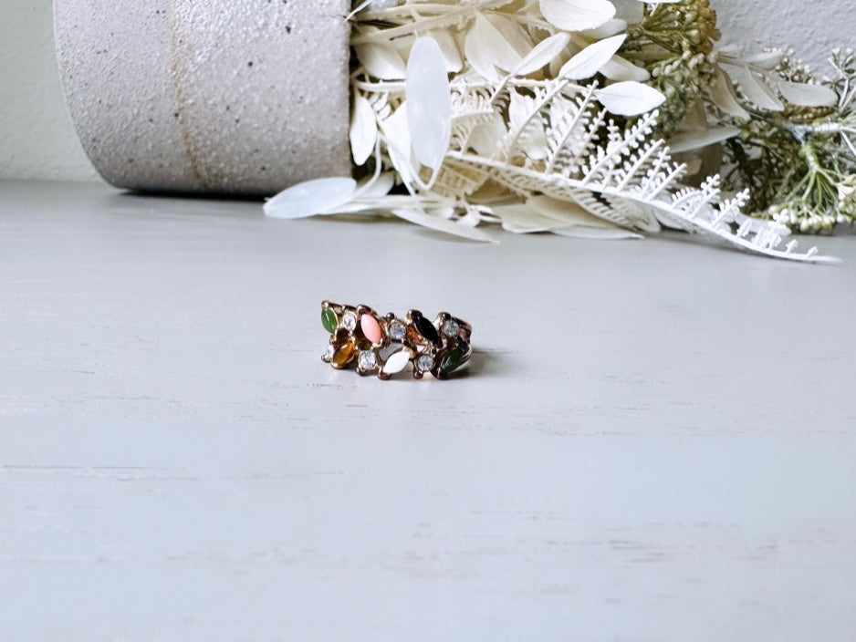 Multistone Vintage Statement Ring, Size 4.75 Fitted Ring, Tiny Marquise Cut Tiger's Eye, Jade, Carnelian, Opal and Diamond Rhinestone Ring