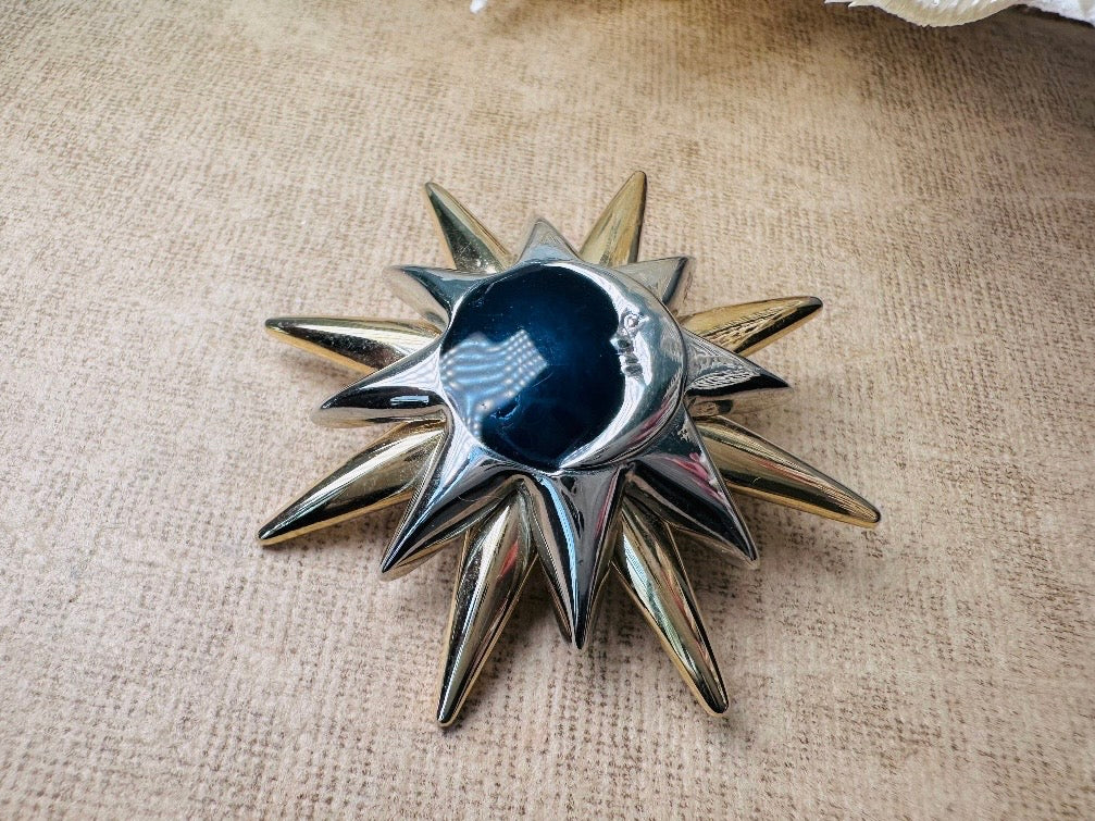 Vintage Liz Claiborne Star and Moon Pin, LCI Celestial Brooch in Gold and Silver with Midnight Blue Enamel