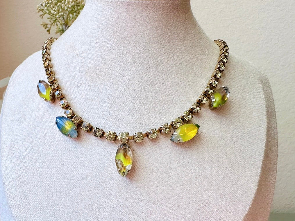 Vintage Tennis Necklace, Gorgeous Green Faux Opal 15" Crystal Choker Necklace with Prong Set Green Rhinestones and Colorburst Marquise Glass Stones