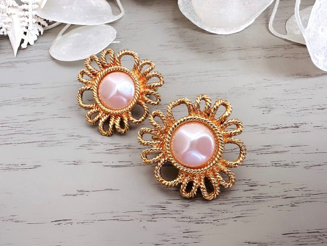 Vintage Blush Pearl Earrings, Gorgeous Pink Faux Pearl Cabochon & Burnished Gold Floral Clip On Earrings