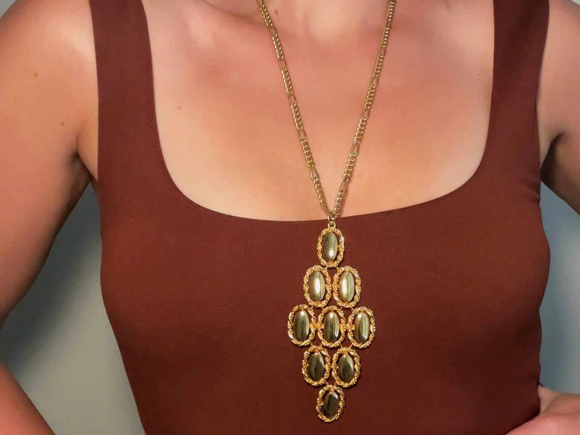 Huge Gold Pendant Necklace, Long Gold Vintage Necklace, Unique Bold Geometric Chunky Gold Necklace