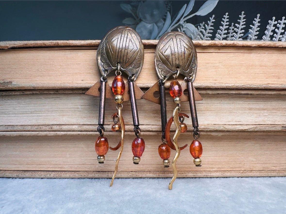 Vintage Moon Earrings, 1980s Runway Brutalist Distressed Earrings, with Amber Glass and Bronze Charms, Dangling Boho Earrings