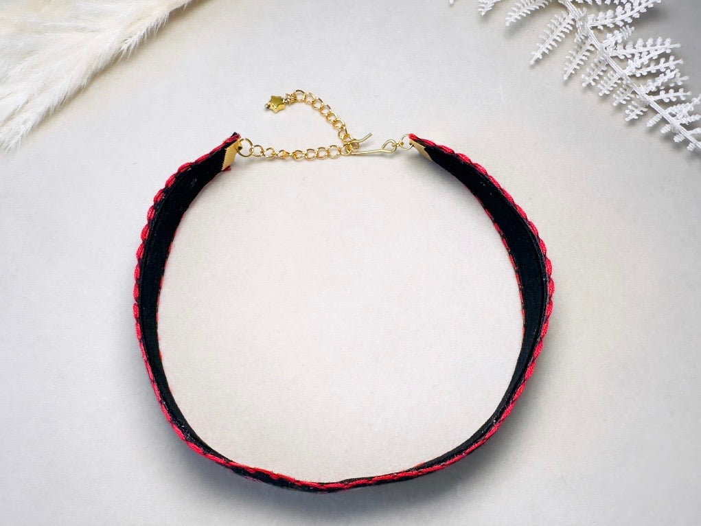 Vintage Flower Choker, Handmade Double Sided Reversible Black Velvet Necklace with Victorian Rose and Forget-me-nots Jacquard Ribbon