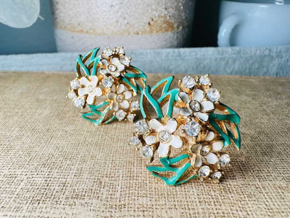 Vintage Enamel Flower Earrings, 1940s Charel Gold Floral Earrings w Green & Cream Painted Flower Clusters, Clip On Designer Signed Earrings