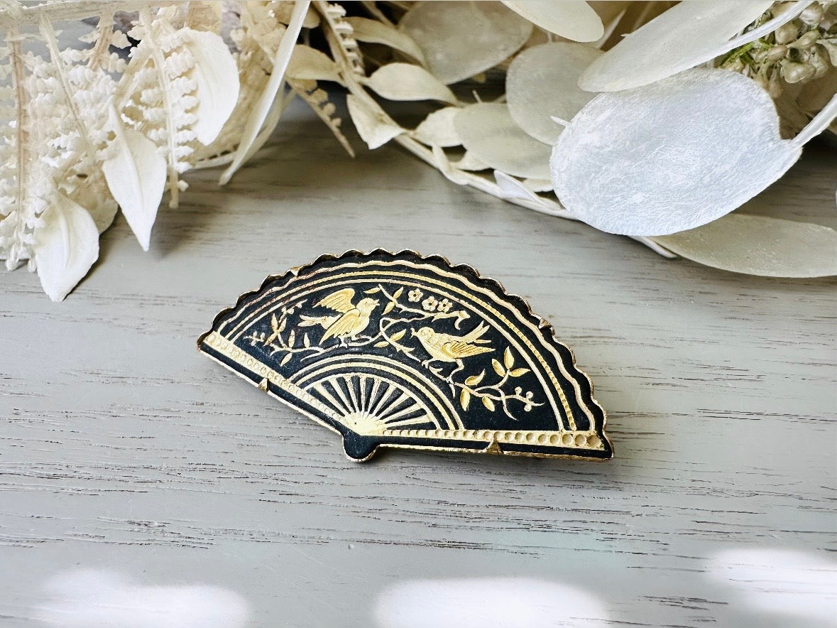 Vintage Damascene Brooch, Black and Gold Floral Bird Pin, Etched Gold on Matte Black Intricate Fan Brooch