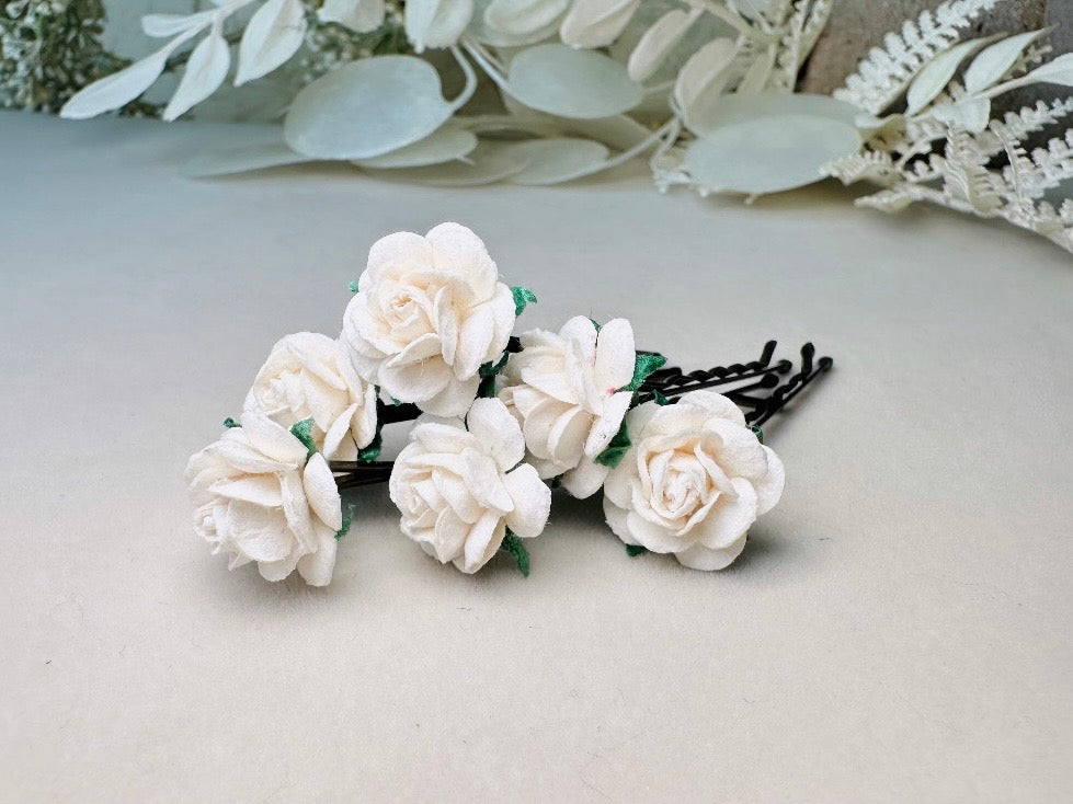 White Rose Bobby Pins, Mulberry Paper Hair Flower Set