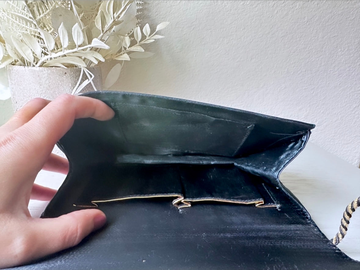 Vintage Black Velvet and Gold Embroidered Art Deco Clutch Handbag, Black Retro Mid Century Bag, Unique Black and Gold Chic Evening Purse