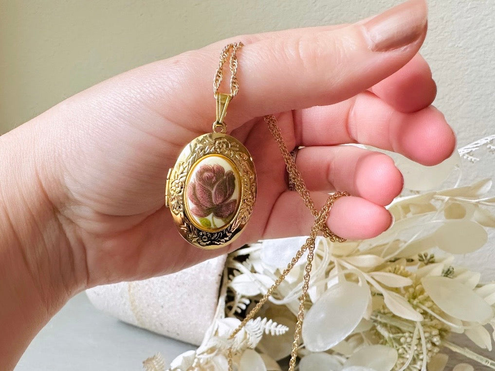 Flower Locket Necklace, Vintage Gold Chain with Plum Rose Cameo,