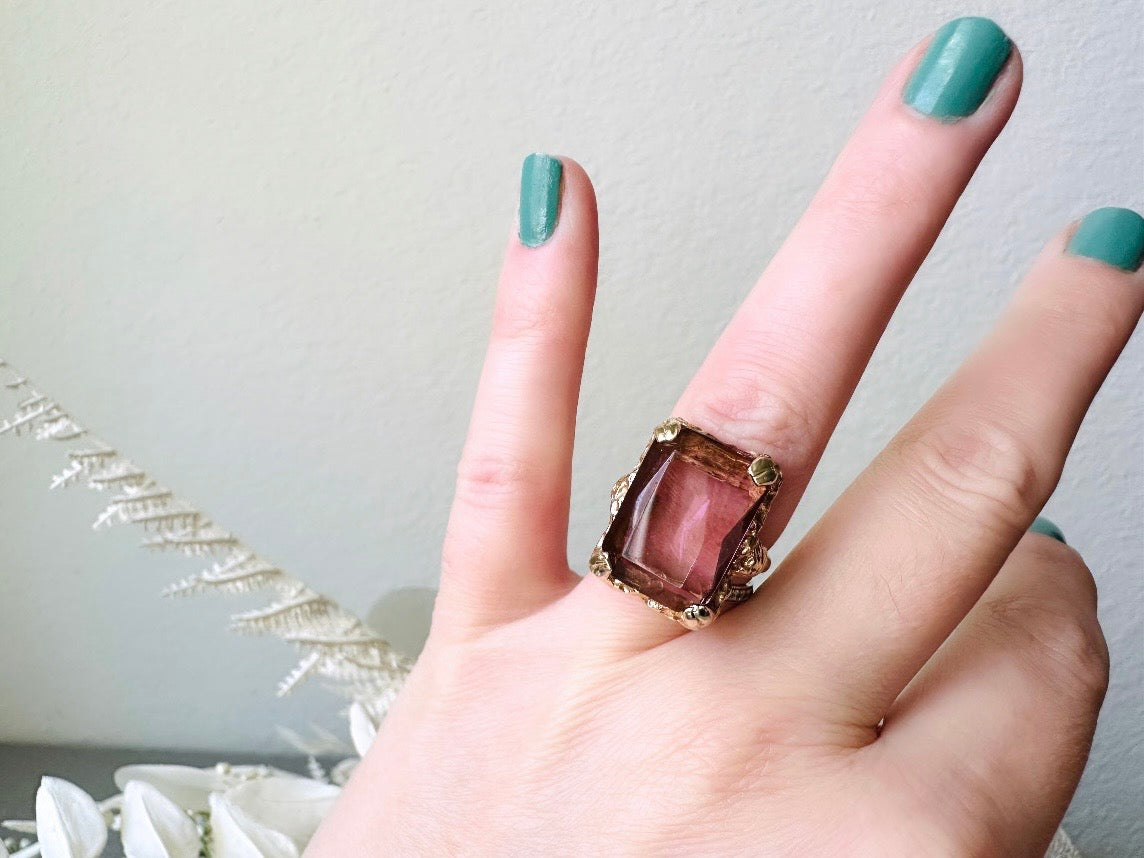 Vintage Cocktail Ring, 1973 Twilight Faux Amethyst Emerald Cut Ring