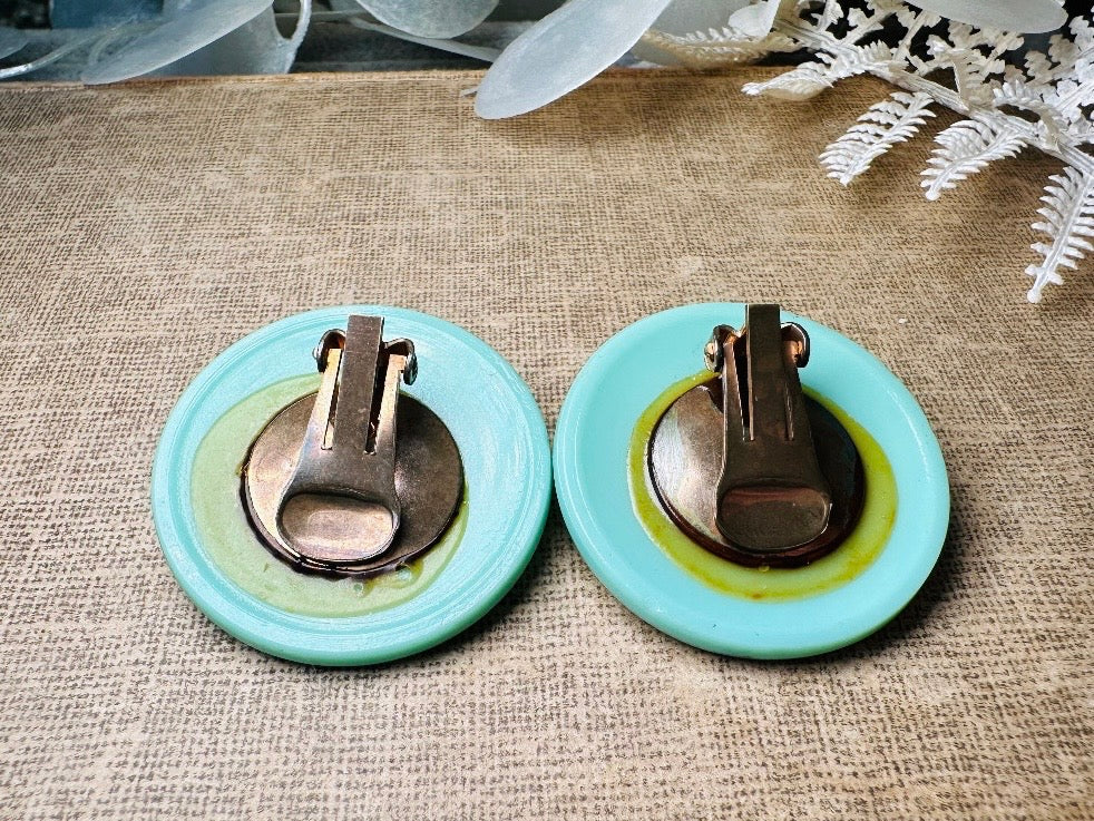 Vintage Mint Glass Earrings, Incredibly Unique Gold Spiral Disc Clip Ons, Seafoam Green Oversized Art Deco Vintage Statement Earrings