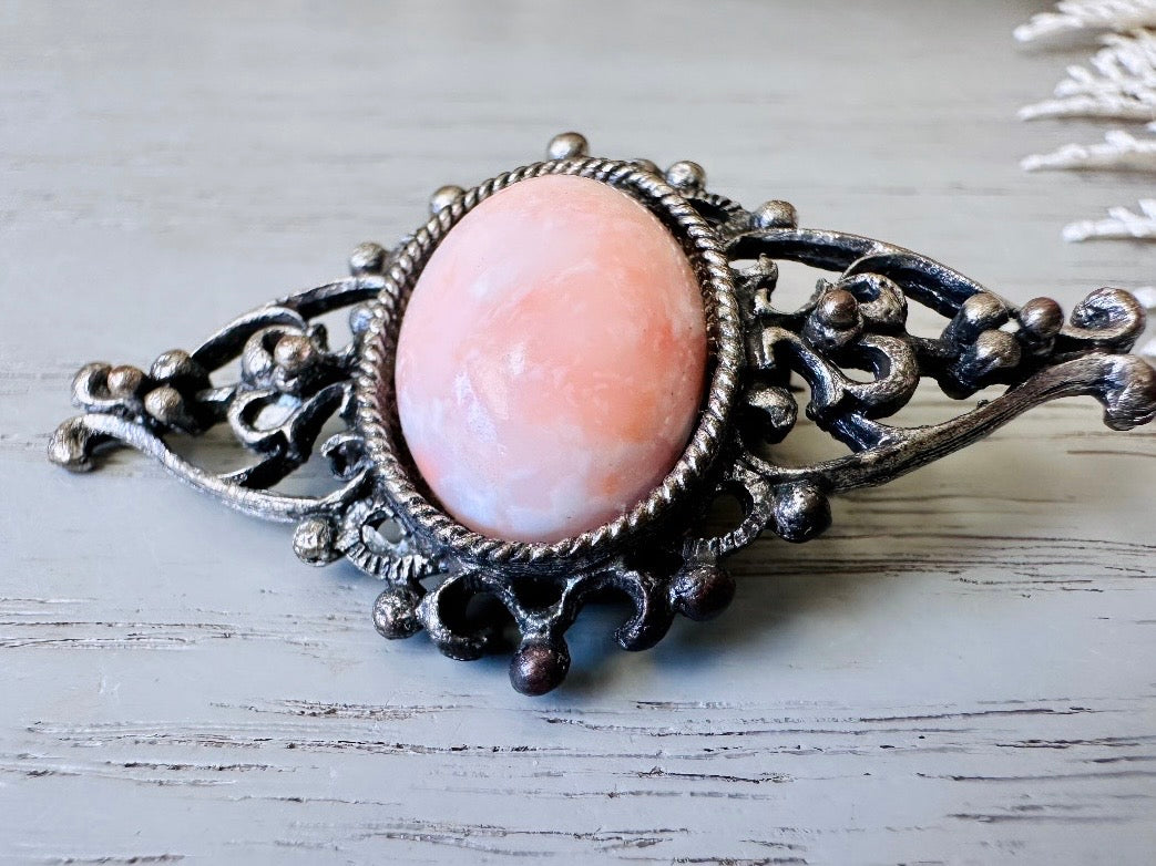Pink Coral Brooch, Victorian Silver Filigree Pin with Oval Mottled Coral Cabochon, VTG Antique Silver Pin Victorian Revival Accessories