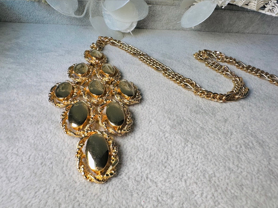 Huge Gold Pendant Necklace, Long Gold Vintage Necklace, Unique Bold Geometric Chunky Gold Necklace