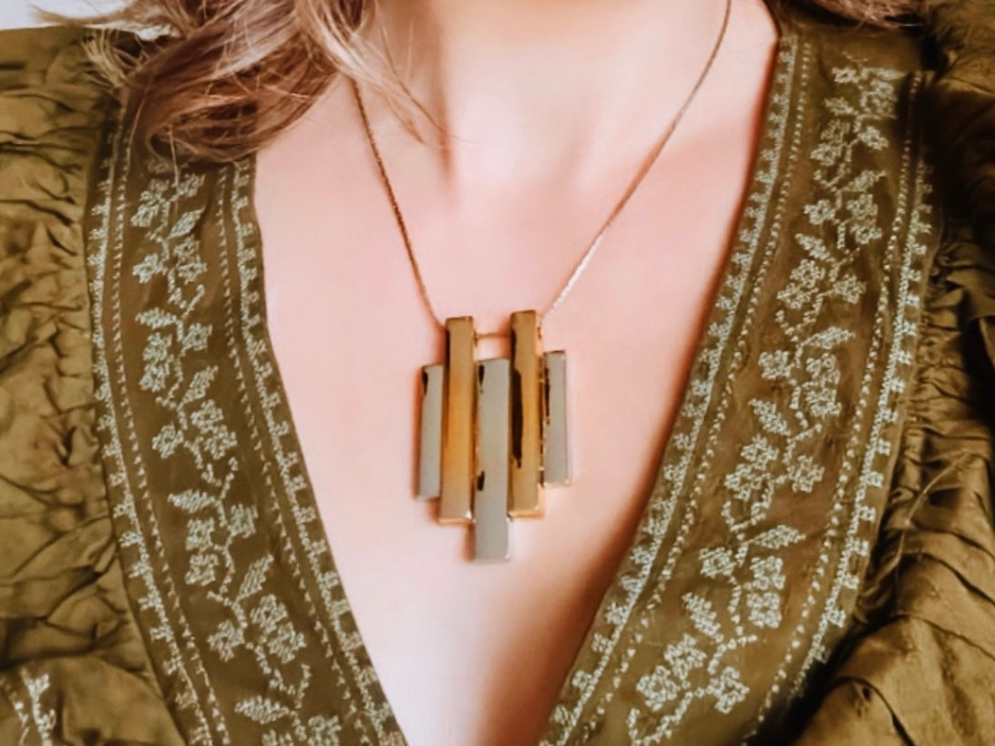 1976 Silver and Gold Avon Pendant Necklace, Mid Century Modern Goldtone and Silvertone 20" Two Tone Geometric Pendant Vintage Necklace